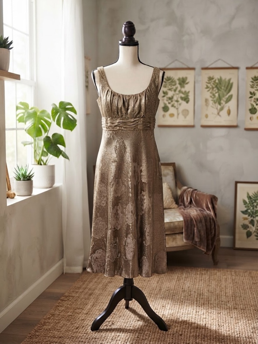 Evan Picone Metallic Bronze Sleeveless Midi Dress